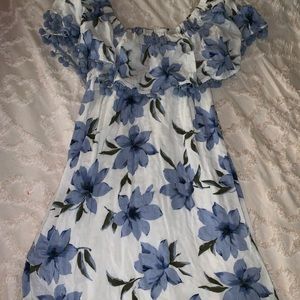 White Dress with Blue Flowers and Pockets